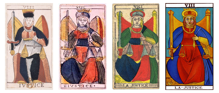 Four images of the Justice trump of the Tarot de Marseille